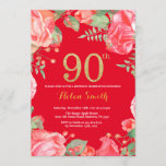 Red Floral 90th Birthday Gold Glitter and Red Invitation<br><div class="desc">Red Floral 90th Birthday Invitation for Women. Watercolor Botanical Floral Flower. Gold Glitter. Red Background. Pink Peonies Floral Flowers. Adult Birthday. For further customization,  please click the "Customize it" button and use our design tool to modify this template.</div>