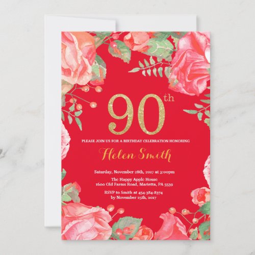 Red Floral 90th Birthday Gold Glitter and Red Invitation