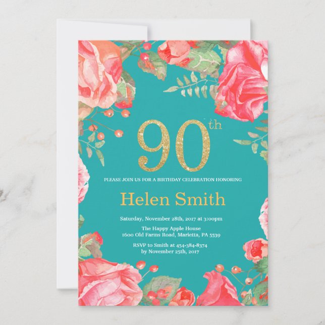 Red Floral 90th Birthday Gold Glitter and Teal Invitation (Front)