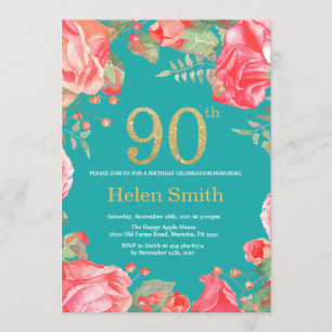 Red Floral 90th Birthday Gold Glitter and Teal Invitation