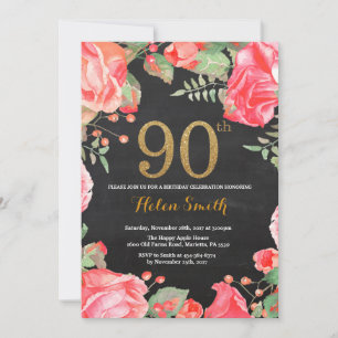 Red Floral 90th Birthday Invitation Gold Glitter