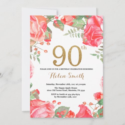 Red Floral 90th Birthday Invitation Gold Glitter
