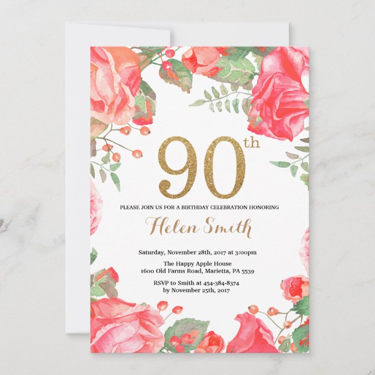 Red Floral 90th Birthday Invitation Gold Glitter | Zazzle