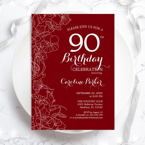 Red Floral 90th Birthday Party Invitation