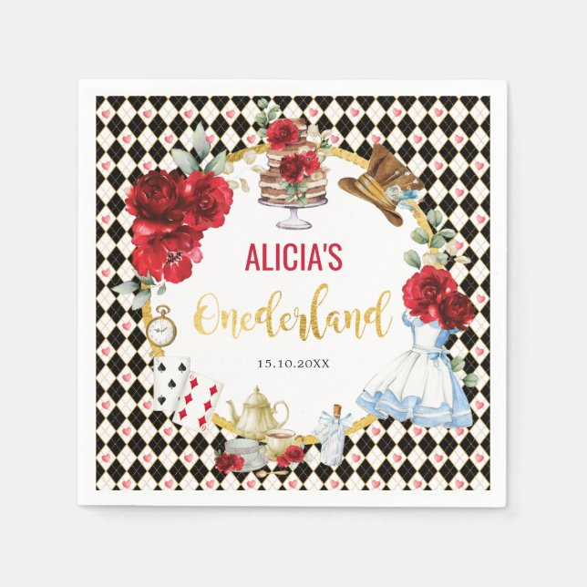 Red Floral Alice in Onederland Birthday Tea Party Napkins (Front)