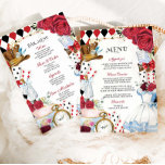 Red Floral Alice in Wonderland Birthday 15 XV Menu<br><div class="desc">Personalize this whimsical Red Floral Alice in Wonderland double-sided menu card easily and quickly, simply press the Edit Using Design Tool button to further re-arrange and format the style and placement of the text. You can add a beverage menu, bar menu, signature cocktails menu on the back. Perfect for baby...</div>