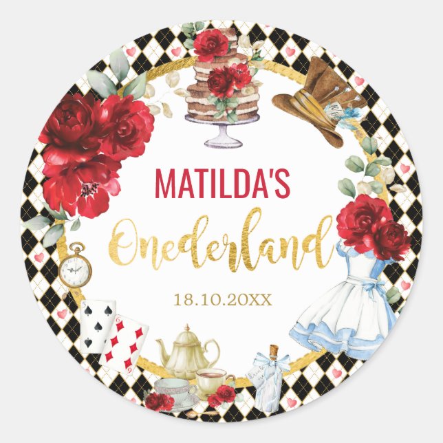 Red Floral Alice in Wonderland Birthday Onederland Classic Round Sticker (Front)
