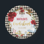Red Floral Alice in Wonderland Birthday Onederland Paper Plates<br><div class="desc">Alice in Wonderland themed party plates</div>