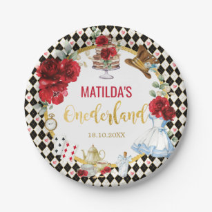 Red Floral Alice in Wonderland Birthday Onederland Paper Plates