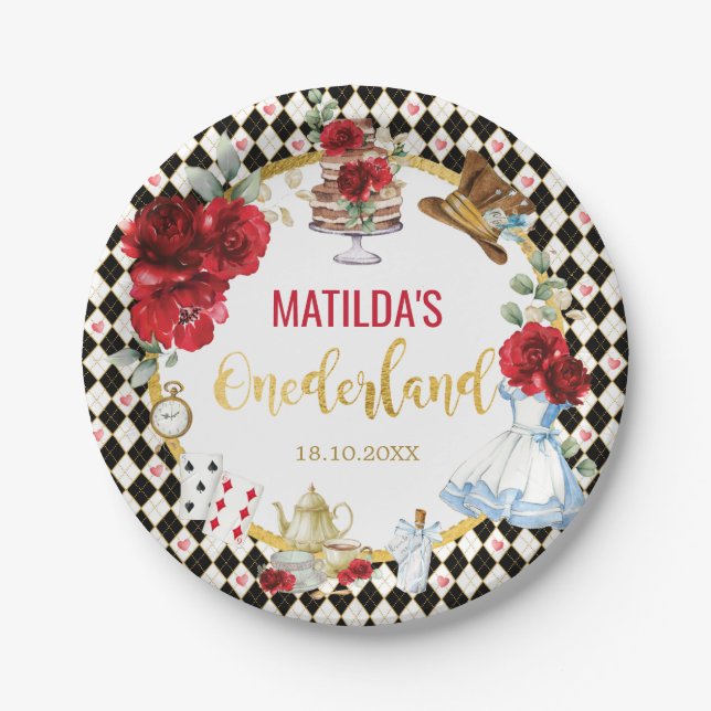 Red Floral Alice in Wonderland Birthday Onederland Paper Plates (Front)