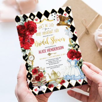Red Floral Alice In Wonderland Bridal Shower Tea Invitation by BlueBunnyStudio at Zazzle