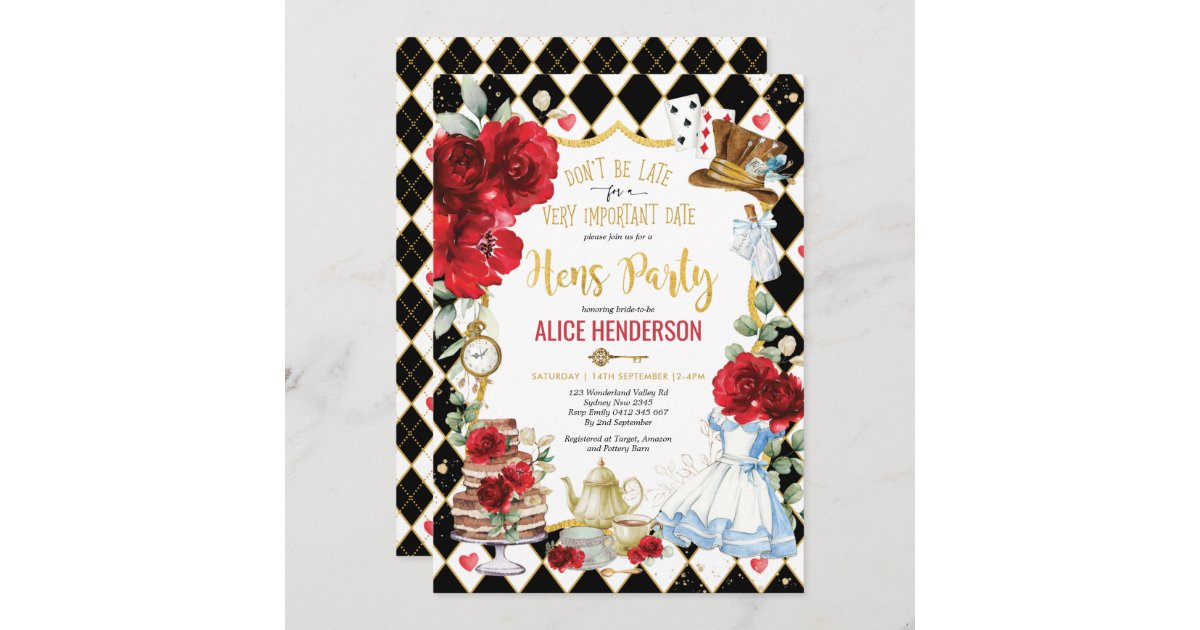 Red Floral Alice in Wonderland Hens Tea Party Invitation | Zazzle