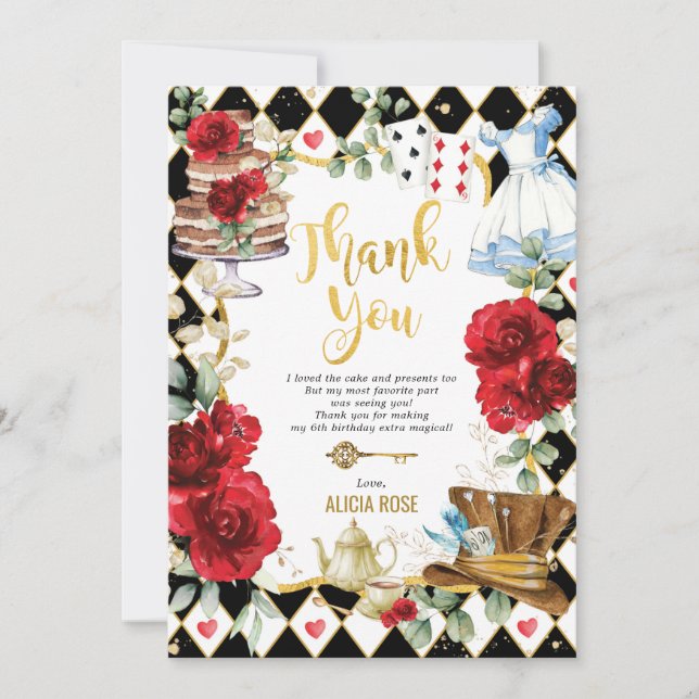 Red Floral Alice in Wonderland Thank You Card (Front)