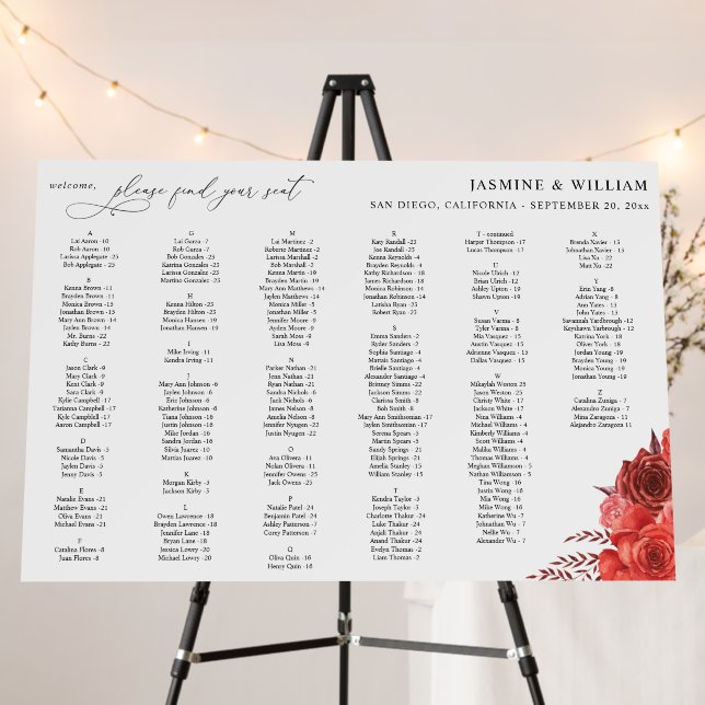 Red Floral Alphabetical Seating Chart 2 Foam Board (In Situ (Stand))