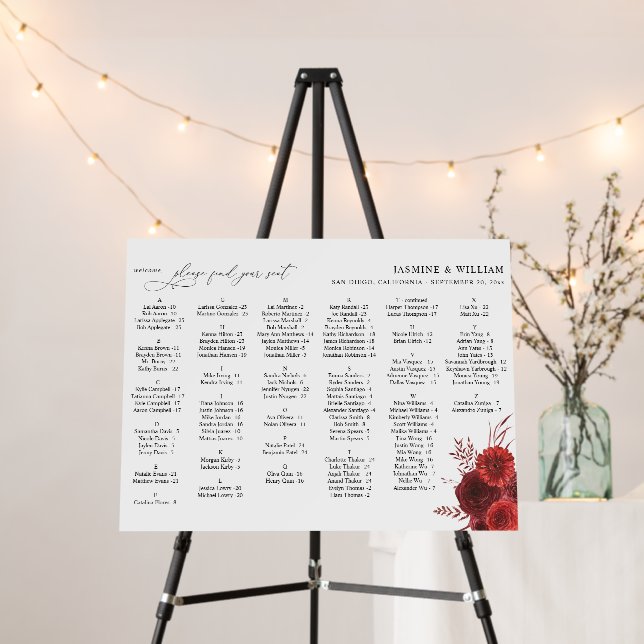 Red Floral Alphabetical Seating Chart Small Foam Board (In Situ (Stand))