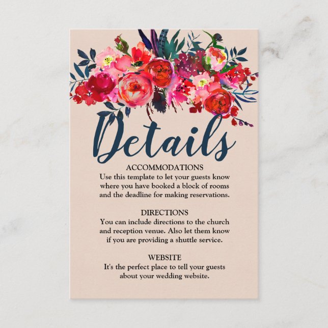 Red Floral and Boho Feather Wedding Details Card (Front)