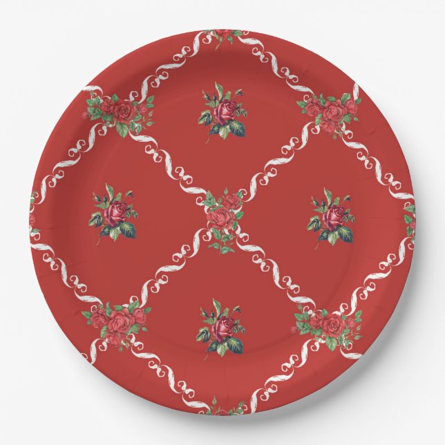 Red Floral and Lattice Sweet Valentine Paper Plates (Front)