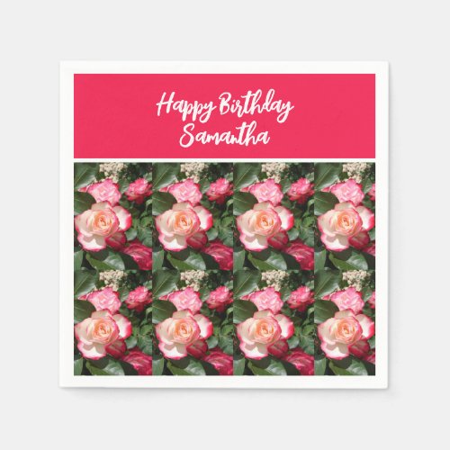 Red Floral and White Roses Rose Birthday Party Napkins