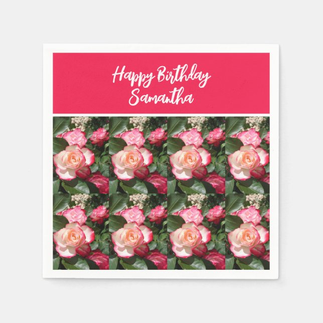 Red Floral and White Roses Rose Birthday Party Napkins (Front)