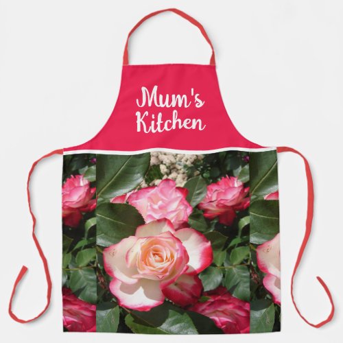 Red Floral and White Roses Rose Mums Kitchen Apron