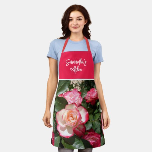 Red Floral and White Roses Rose Mums Kitchen Apron