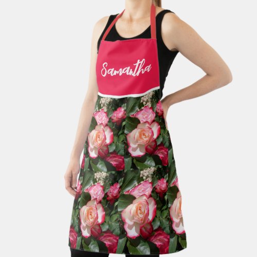 Red Floral and White Roses Rose Womans Kitchen Apron