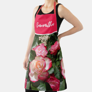 Red Floral and White Roses Rose Womans Kitchen Apron