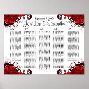 Red Floral and White Wedding Table Seating Chart
