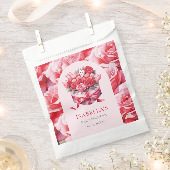 Red Floral Arch Baby Shower Personalized Favor Bag (Clipped)