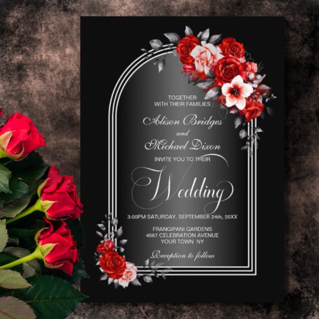 Red Floral Arch Black Grey Wedding Invitation (Creator Uploaded)