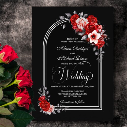 Red Floral Arch Black Wedding Invitation