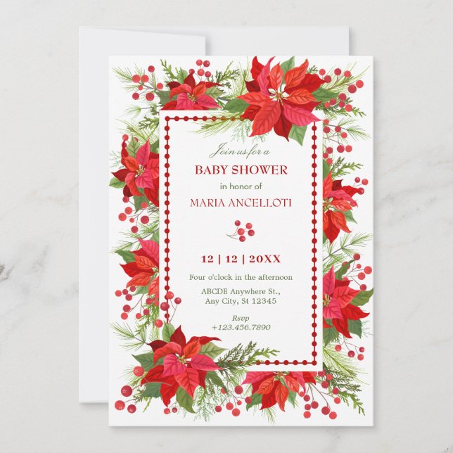 Red floral berry christmas Baby shower Invitation (Front)