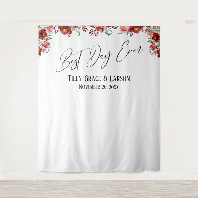 Red Floral Best Day Ever Photo Backdrop (Front)