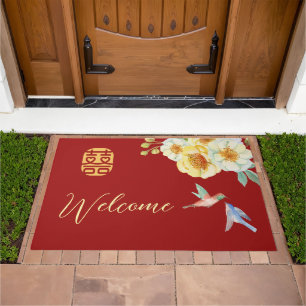 Red floral bird Chinese wedding  Doormat