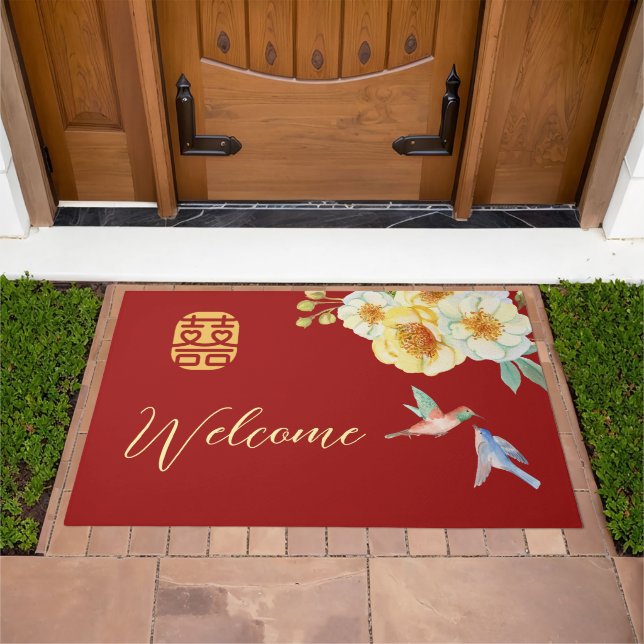 Red floral bird Chinese wedding  Doormat (Outdoor)