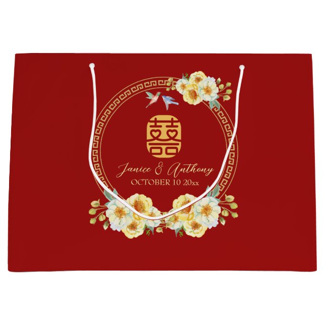 Red floral bird Chinese wedding  Large Gift Bag (Front)