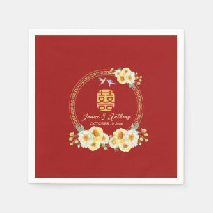 Red floral bird Chinese wedding Napkins