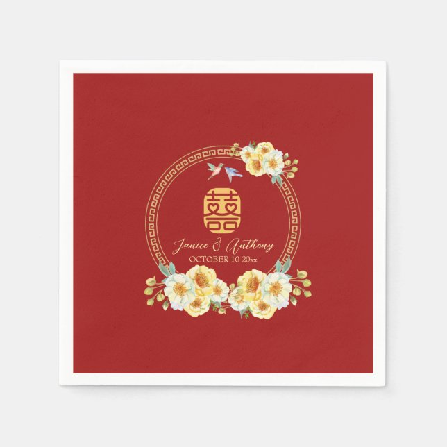 Red floral bird Chinese wedding  Napkins (Front)