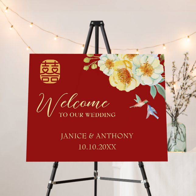 Red floral bird Chinese wedding welcome sign (In Situ (Stand))