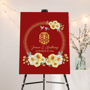 Red floral bird Chinese wedding welcome sign