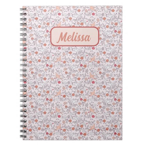 Red Floral Bird Pattern Name Diary Notebook 