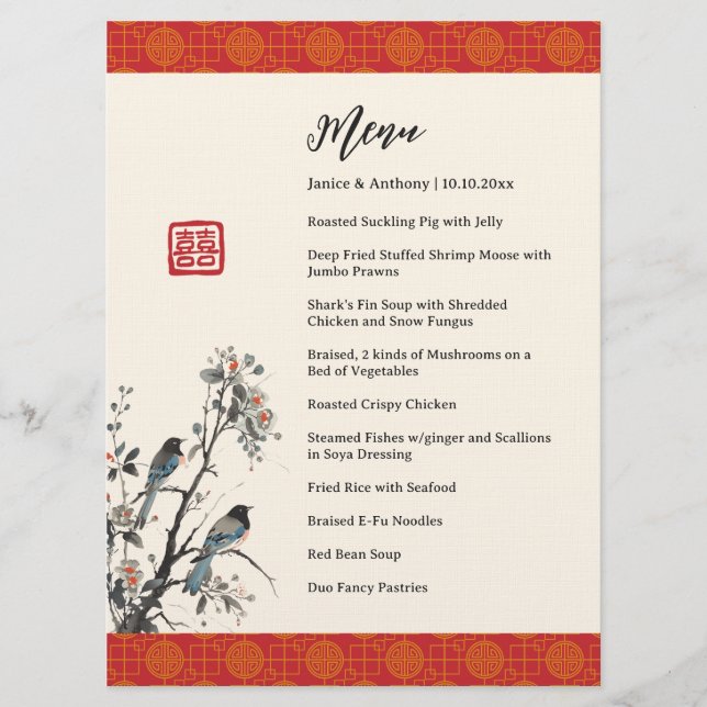Red floral birds modern Chinese wedding banquet Menu (Front)