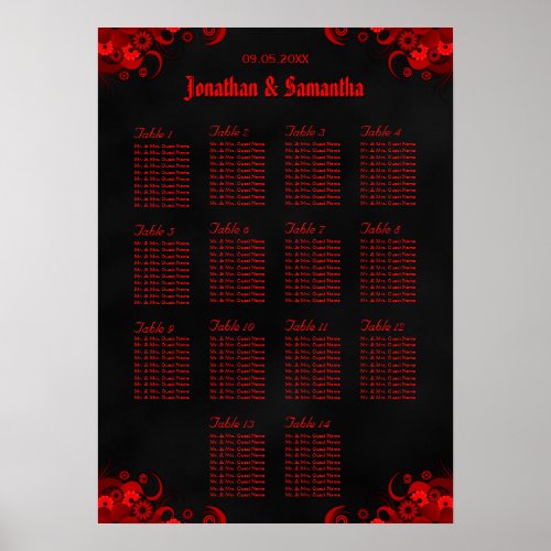 Red Floral  Black 14 Wedding Tables Seating Chart