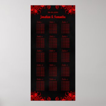 Red Floral & Black 15 Wedding Tables Seating Chart by sunnymars at Zazzle