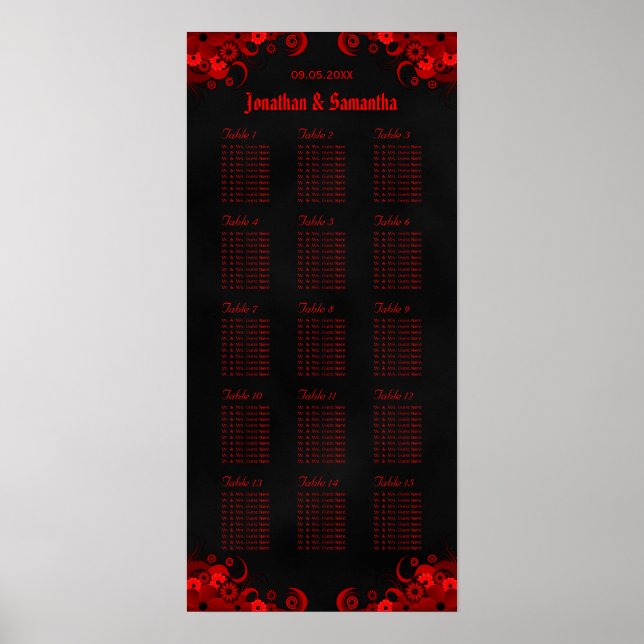 Red Floral & Black 15 Wedding Tables Seating Chart (Front)