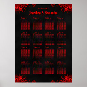 Red Floral & Black 16 Wedding Tables Seating Chart