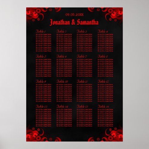 Red Floral  Black 16 Wedding Tables Seating Chart