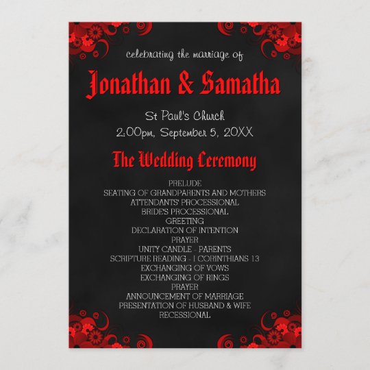 Red Floral Black Chalkboard Gothic Wedding Program Zazzle Com