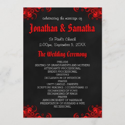 Red Floral Black Chalkboard Gothic Wedding Program