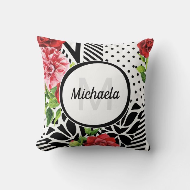 Red Floral Black Geometric Name Throw Pillow (Front)